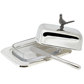 Edzard Butterdose Fasan, 18x13 cm, H 8 cm, versilbert, mit Glasschale und Buttermesser, für 250 gr Butter