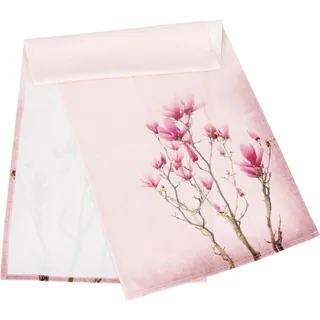 Dekoleidenschaft Tischläufer "Tulpenmagnolie" in Samt Optik 40x140 cm, Tischband in rosa mit Blumen, Motiv, Mitteldecke, Tischwäsche, Tafelband, schmale Tischdecke rosa