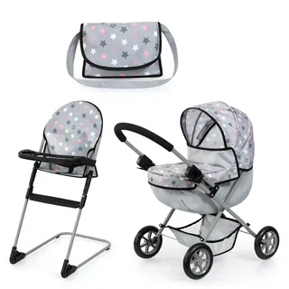 Bayer Design 13707AB Set Puppenwagen faltbar, Softer Griff, mit Tasche, Hochstuhl, Grau