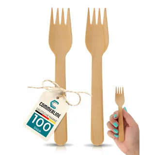 Commerline 100 Stück Einweg Holzlgabeln Besteck, Holzgabel Einweggabel Einwegbesteck, Holzbesteck Holz Einweg Gabel, Einmalgabel Gabeln aus Holz