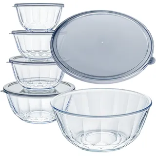 Luvan Glasschüssel mit Deckel Set, 5-teilig (0,8L/1,05L/1,6L/2,7L/4,45L), Hitzebeständige Salatschüsseln aus Borosilikatglas, Stapelbare Rührschüssel, Mikrowellen & Spülmaschinengeeignet