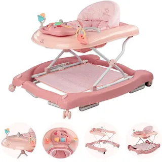BRONEA 5-in-1 Babywalker Gehfrei | Lauflernhilfe mit Schaukelfunktion, Musik & Licht | Laufhilfe für Baby ab 6 Monate | Höhenverstellbar | Klappbar | Rosa