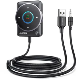 UGREEN Aux Bluetooth 5.4 Adapter Auto Bluetooth 3.5mm Klinke Empfänger Multifunktionstaste für Freisprechanruf und Wireless Musik, Dualverbindung, kompatibel mit Auto Stereoanlage (Schwarz-Upgrade)