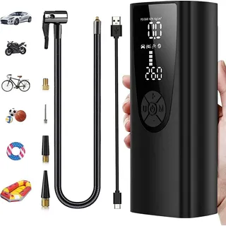 Elektrische Luftpumpe mit 8000mAh Akku, 150PSI Akku Luftpumpe mit Manometer/Digitalem LED-Display, Mini Kompressor mit USB/LED-Licht für Auto, Mot...