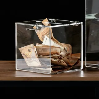 HMF 46919 Acryl Spendenbox mit Schloss 15 x 15 x 15 cm DIN A6 Transparent