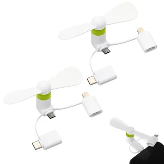 TUKNN Mini-Handy-Lüfter, 3-in-1 Mini-Handy-Ventilator, Tragbarer Kühler Rotierender Ventilator, Kompatibel mit iPhone/Micro-USB/Typ C/Port-Ventilator (Weiß-2pcs)