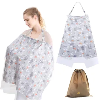 Stillen Abdeckung, KAMHBE 100% Baumwolle Stillschal Stilltuch with Mesh Layer Atmungsaktiv und Leicht für Unterwegs Sichtschutz 100x70 cm (Grau-Wald)