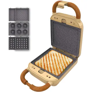 Cecotec Sandwichmaker Rock'Ntoast Retro One Gelb. 700W, 3 austauschbare Platten, Retro-Design, Rockstone-Beschichtung, Leuchtanzeige, rutschfeste Basis, kühler Griff, Verschlusszange