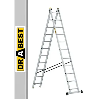 DRABEST Pro Aluminium-Leiter - Stark und langlebig - Verzinkte Haken - EN-131 Standard - Ergonomische Konstruktion - 2-Element - 2x11 Sprossen 150 kg Belastbarkeit - 49 x 458 x 13,5 cm