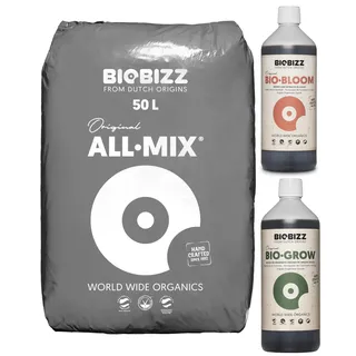 Biobizz Allmix 50L Growerde Substrat-Mischung, vorgedüngt, mikroaktives Ökosystem, mit Biobizz Bio Bloom 1 Liter und Biobizz Bio Grow 1 Liter organischer Dünger