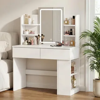 JUMMICO Schminktisch mit Spiegel und Beleuchtung, 3-farbige LED-Beleuchtung, 2 Schubladen, seitlicher Aufbewahrungsschrank, weiß, 135x90x40 cm