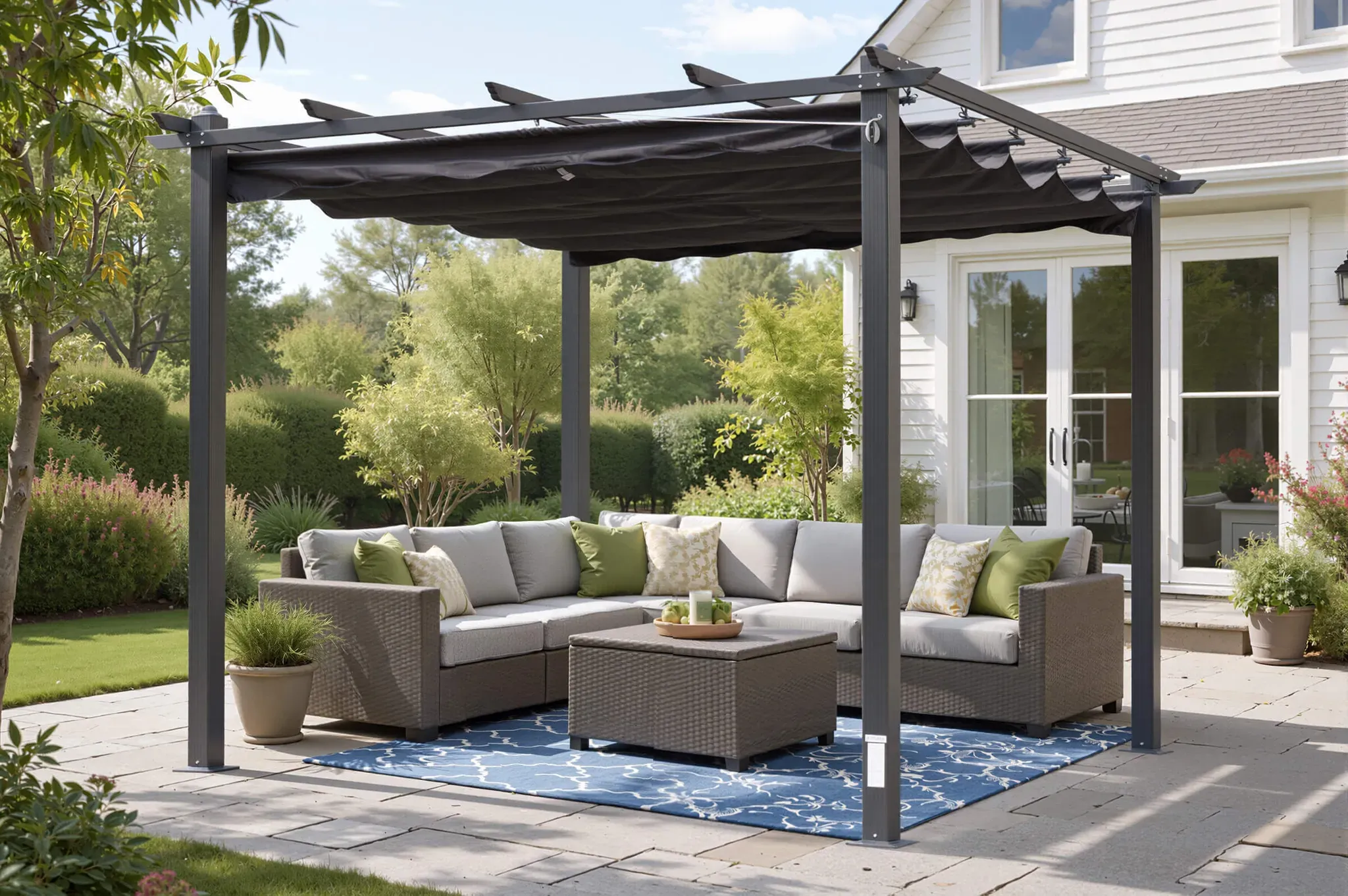OUTFLEXX Antalya Pergola, anthrazit, Alu/Stahl mit Polyesterdach 220g/m2, 3 x 3 m, UV30+ Schutz