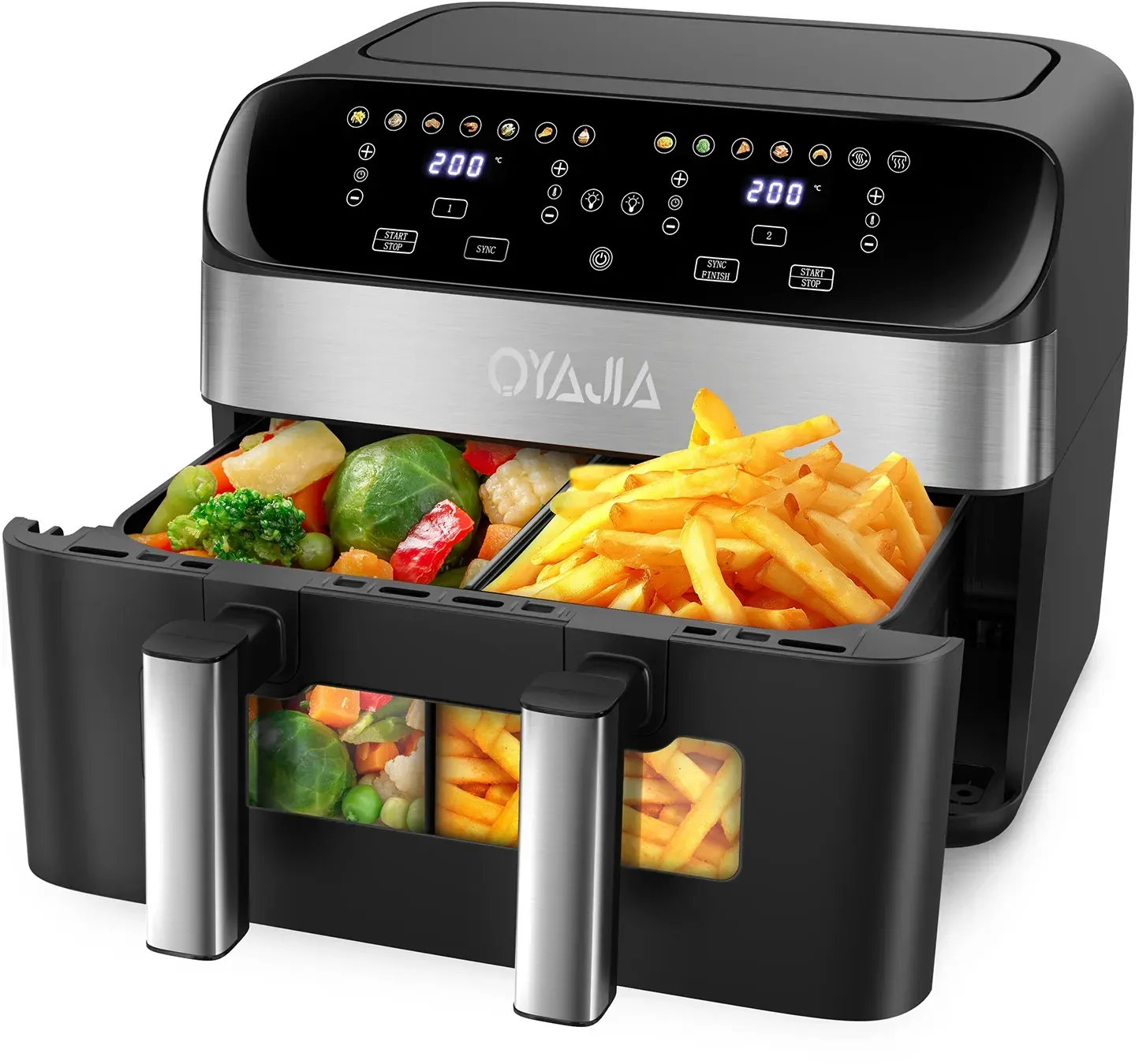10-Liter-Heißluftfritteuse, ein- oder Doppelkammer, verstellbar, XXL-Airfryer mit Touchscreen, 12 Programmen, Auftauen & Erwärmen Heißluftfritteuse mit Sichtfenster