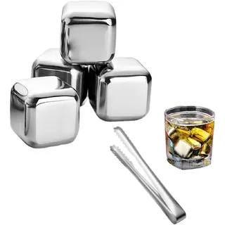 Eiswürfel Edelstahl, Whisky Eiswuerfel Steine, Whisky Kühlstein, 4PCS mit Zange Metall Eiswürfel Whisky Eiswürfel Wiederverwendbar Reusable Ice Cubes Bar Zubehör für Whiskey Bier ​
