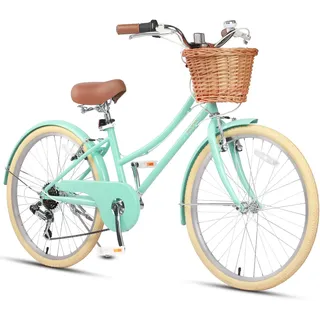 Glerc 24" Mädchen Cruiser Bike 6-Gang Cruiser Women's Hybird Fahrrad für Alter 7 8 9 10 11 Jahre alt mit Weidenkorb. Leichter Rahmen und Gabel, Mintgrün