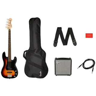 Fender Squier by Fender 3 Color Sunburst Affinity Series Electric Precision Bass® PJ Pack mit Rumble 15 Bassverstärker, Fender Play, Gigbag und Gurt