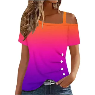 Dyhxuan Trendige Oberteile Damen Schulterfrei Sling Bluse Sommer Shirt mit Knöpfe Einfarbige T-Shirt Kurzarm Summer Tops Streifen Tunika Tshirt Baumwolle Hemdbluse für Frauen Streetwear Pullover - L