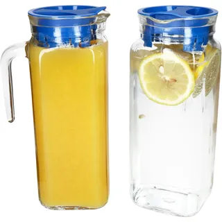 Mambocat 2x KARO Kühlschrankkrug mit Deckel blau 1L Henkel Glas-Karaffe Kanne Saft, Wasser,
