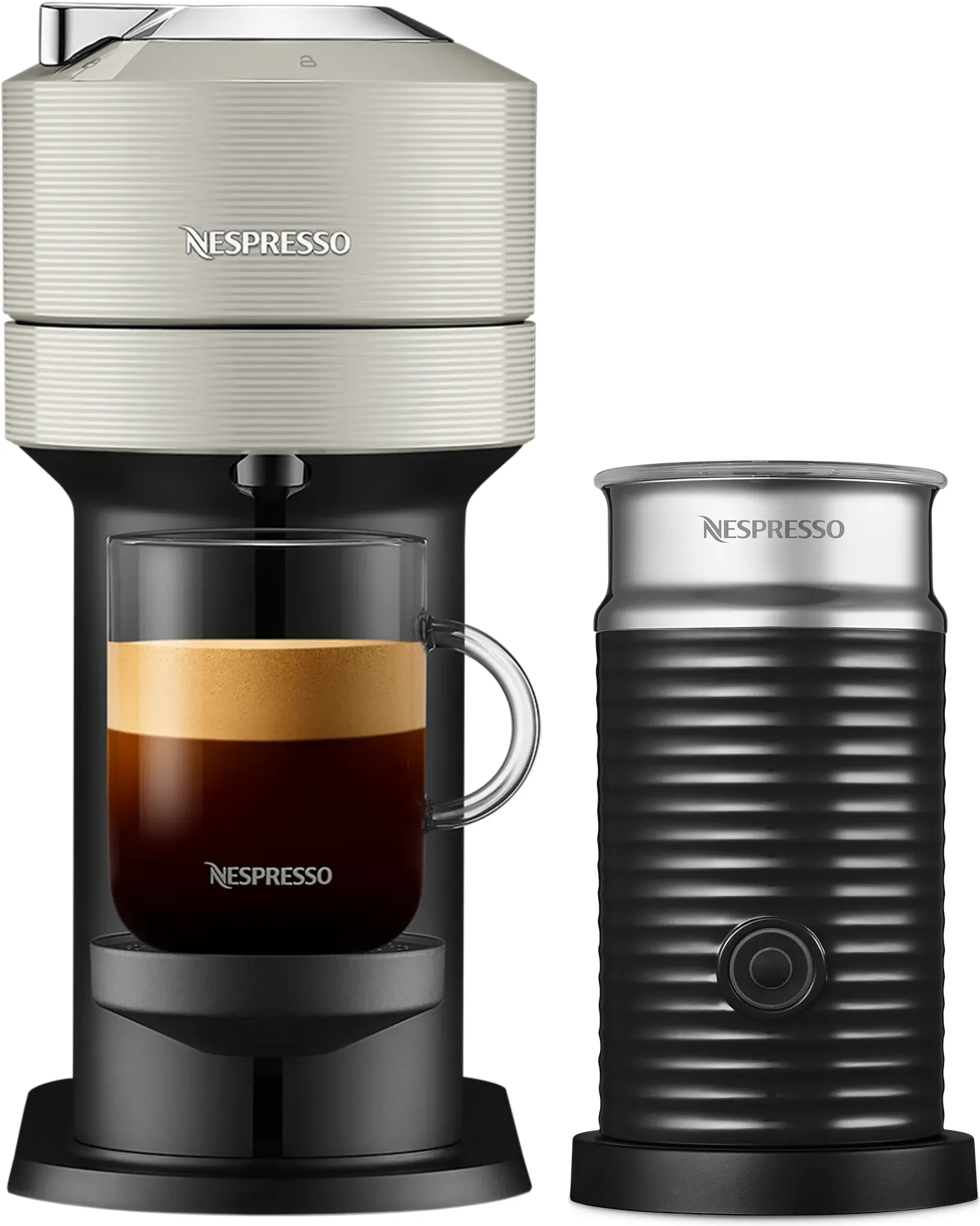 Nespresso VERTUO Next Light Grey & Aeroccino 3 schwarz Vertuo Kaffeemaschine