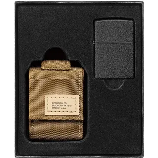 Zippo Unisex's Coyote Tactical Pouch and Black Crackle Windproof Lighter Gift Set, Tan, One Size
