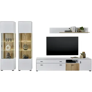 furn.design Wohnwand Merced Schrankwand weiß und Eiche 4-teilig 316 x 180 cm mit Soft-Close und Staboptik - Weiß