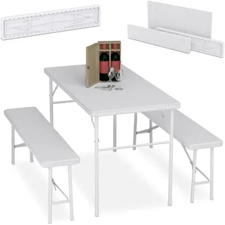Relaxdays Bierzeltgarnitur klappbar, 3-tlg. Bierbank Set mit großem Tisch, Garten, Festzeltgarnitur, Rattanoptik, weiß