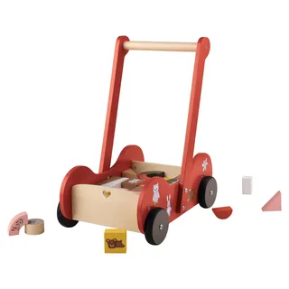 Playtive Lauflernwagen PLAYTIVE Schiebewagen Spiel Waldtiere Holz 31 tlg., (Set, 31-tlg), aus Holz, leises Schieben, unterstützt das Laufen rot
