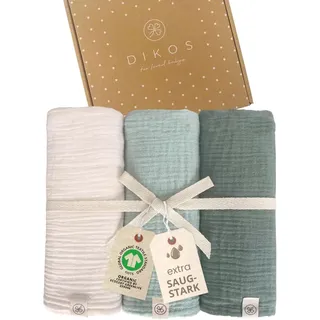 DIKOS® Baby Mulltücher 3er Premium Set – 64x64cm – weiche & saugstarke Spucktücher aus Bio-Baumwolle (GOTS, Oeko-TEX) – Musselintücher in Creme, Mint & Salbeigrün – schönes Babygeschenk zur Geburt