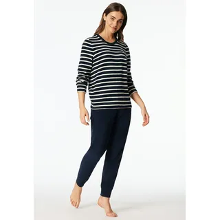 Schlafanzug SCHIESSER "Casual Essentials", Damen, Gr. 40, blau (nachtblau), Frottee, Obermaterial: 80% Baumwolle, 20% Polyester, bequem lang, Rundhals, Homewear-Sets Schlafanzug, wärmende Frottee-Qualität, Rundhalsausschnitt, langärmelig