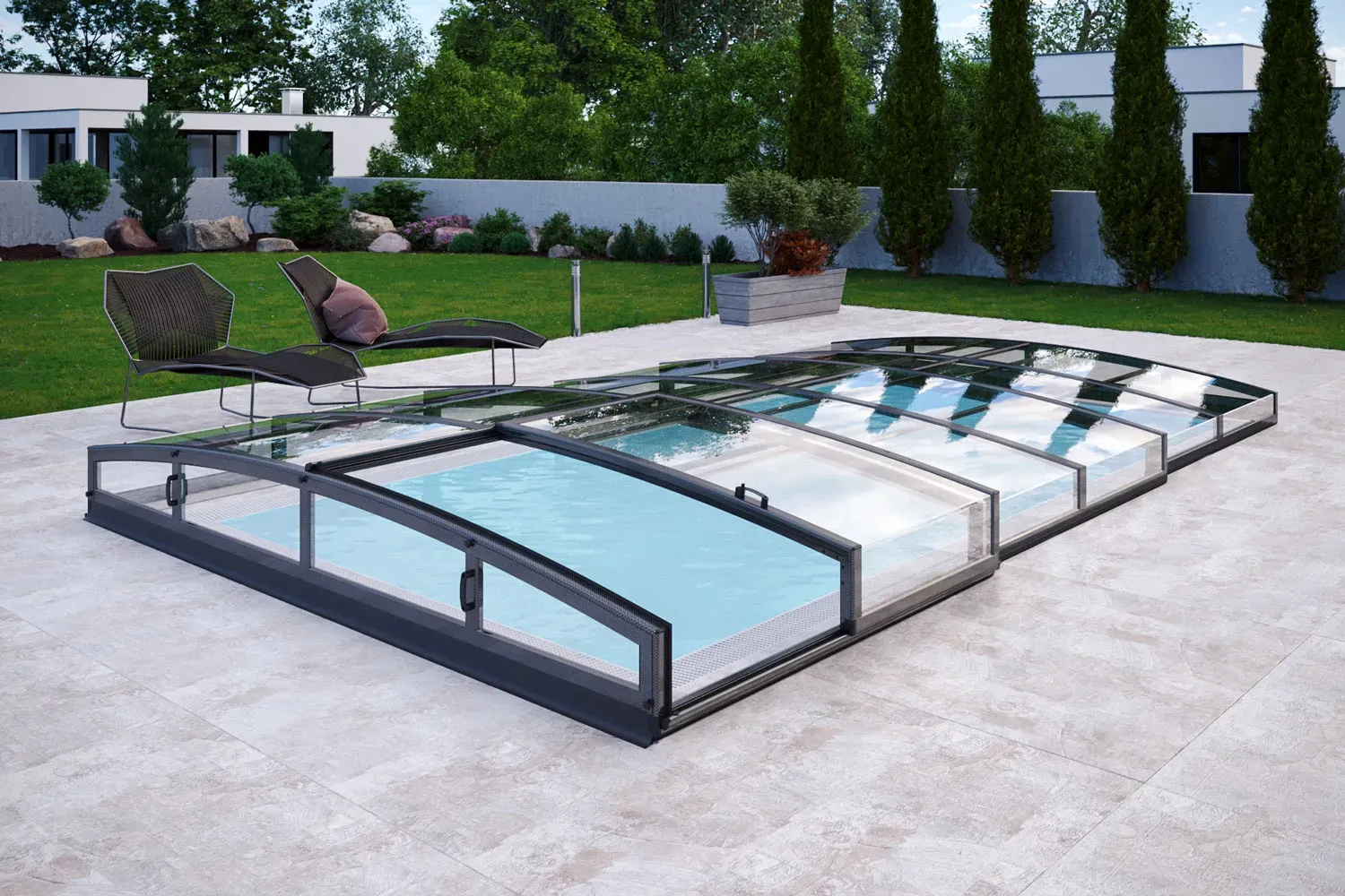 Schienenlose Pool-Überdachung / Pool-Abdeckung SkyCover® Liberty 3.5x6.3m ohne Schienen