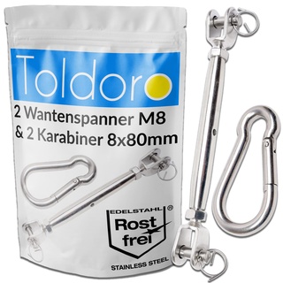Toldoro® 4X Sonnensegel Spanner/Wantenspanner Edelstahl/rostfreie Sonnensegel Befestigung / 4X Seilspanner Sonnensegel M8 & 4 Karabiner 80mm / Befestigung für Sonnensegel, Abdeckplane oder Tarp