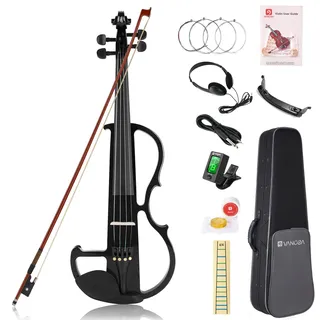 Vangoa 4/4 Elektrische Violine E Geige aus Massivem Holz Electric Stille Violine in Volle Größe mit Kolophonium, Tragetasche, Audiokabel, Schulterstütze, Bogen, Schwarz