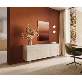 DELIFE Sideboard Cuor, Keramik Laminam® Travertino Bianco Creme-Weiß 180 cm 2 Türen 3 Schubfä 180 cm x 75 cm x 45 cm