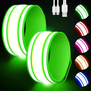 Samlior LED Armband Aufladbar 2 Stück, Reflective LED Leuchtarmband, 5 Farben 3 Lichtmodi Leuchtbänder USB Reflektorband, Running Reflektoren Armbänder für Running Joggen Radfahren(Grün, L)