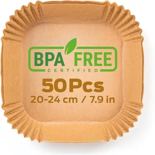 Air Fryer Liners 50 Stück BPA Frei 7.9 Zoll Airfryer Backpapier Antihaft Wasserdicht Öldicht Einwegschalen Pergamentpapier Liner für Heißluftfritteuse