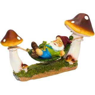 Gartenzwerg in Hängematte zwischen Pilzen, mit Frosch, aus Poly, niedliche Deko für Garten, Terrasse oder Balkon, Größe: L/B/H ca. 13 x 38 x 23 cm