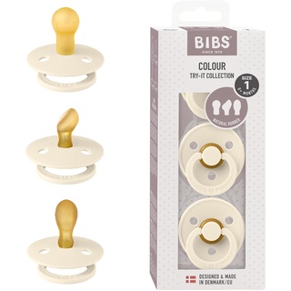 Bibs Colour Try-It Kollektion: 3 Schnuller für die einzigartigen Bedürfnisse Ihres Babys, Kirschform, Symmetrische und Kiefergerechte Sauger. Naturkautschuk/Latex, 0+ Monate (3er Pack), Ivory