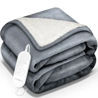sinnlein Heizdecke mit Abschaltautomatik 160x120cm Hellgrau Elektrische Wärmedecke mit 9 Temperaturstufen Kuscheldecke waschbar Bett, Sofa Decke elektrisch