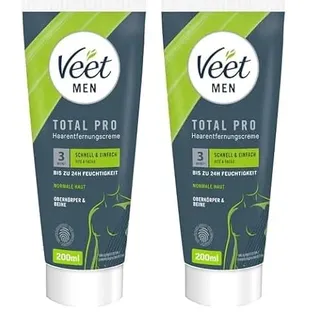 Veet Men Haarentfernungscreme für Oberkörper & Beine - Enthaarungscreme für Männer, Haarentfernung in 3-6 Minuten - 200 ml Tube & Spatel (Packung mit 2)