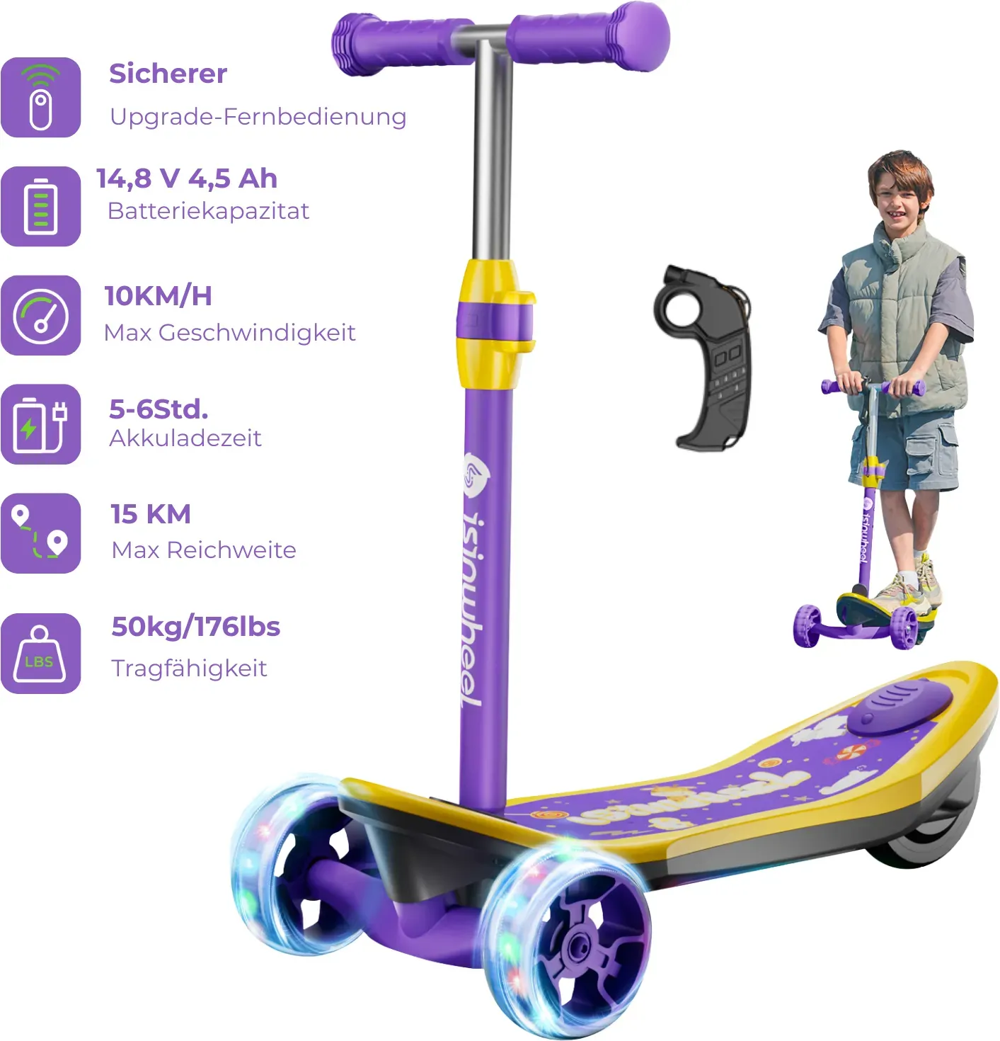 isinwheel Mini-Elektroroller mit 3 Rädern für Jungen im Alter von 3–12 Jahren