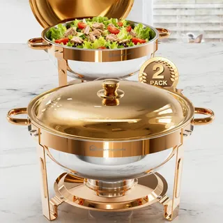 WARMOUNTS 5QT Chafing Dish Set 2er - Rundes Edelstahl Speisewärmer Buffet Set in Roségold, stapelbar, mit Deckelhalter, für Catering & Partys - Rosa