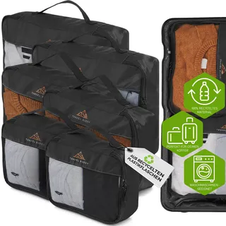TRAVEL BUDDY® Koffer Organizer Set - 100% Recycling Material - Ultra leicht & waschbar - 6 Packtaschen Schwarz für deinen Koffer