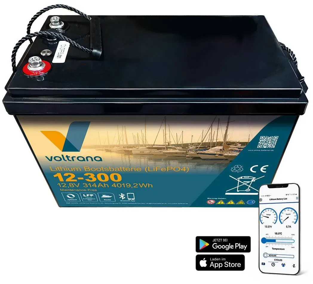 Lithium Bootsbatterie 12,8V 314Ah 4019Wh M8 mit Bluetooth & Heizung – Voltrana LiFePO4 Versorgungsbatterie