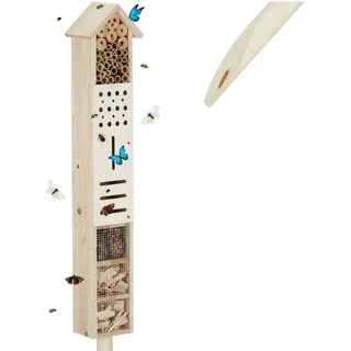Relaxdays Insektenhotel mit Erdspieß, Nisthilfe Garten, groß, stehend, Bienenhotel Wildbienen, Holz, 148 cm hoch, natur 16T x 148B x 11H cm