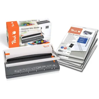 Peach Draht Bindemaschine - Personal Wire Binder DIN-A4 - bindet 60 Seiten - inkl. 5x PW079-07 Wire Binding Combi Box - 5x20 Binderücken Silber - Deckblätter - 6 Blatt Stanzkapazität - PB300-15P