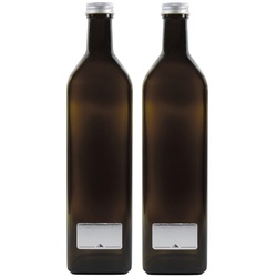 Mikken 2x grün-braune Glasflasche 1000ml, Ölflasche inkl. 2 Beschriftungsetiketten