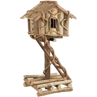 Relaxdays Vogelhaus stehend, unbehandeltes Deko Vogelhäuschen auf Ständer, handgemachtes Holzhaus mit Leiter, natur, 17 x 21 x 42 cm