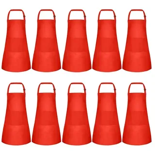 Jooehyer 10er-Pack Kinderschürze, Verstellbare Kinderschürze mit 2, Malschürze für Kochen, Backen, Malen, Rot