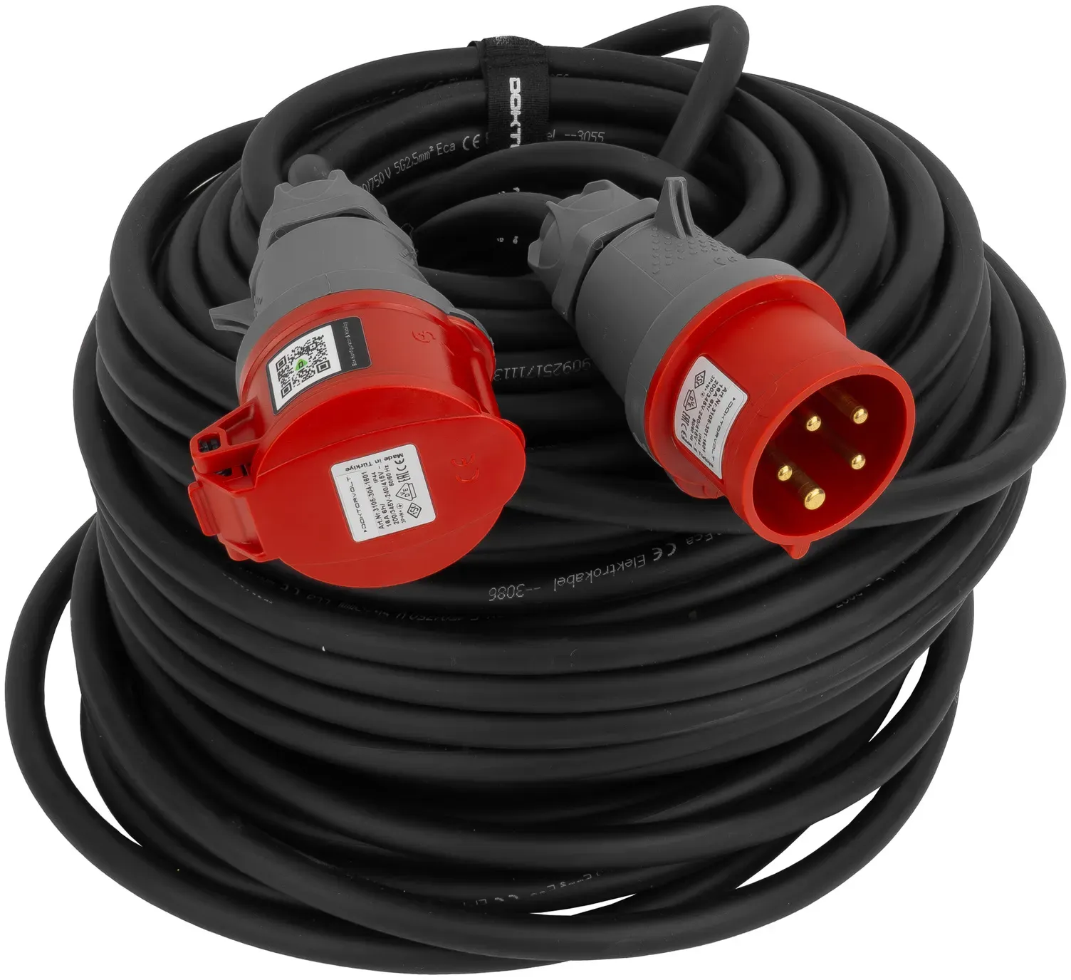 CEE Verlängerungskabel 50m 400V 16A 5P IP44 Starkstromkabel Gummiverlängerung H07RN-F OnPD 5x2,5mm2 mit Klettverschluss Stecker Kabel Doktorvolt DV-6692-CEE-16
