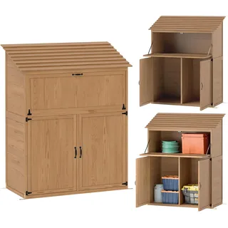 Outsunny Gartenschrank Holz, Geräteschuppen mit Stufen-Pultdach Ablage klappbar Tisch Doppeltüren 110 x 54 x 136 cm, wetterfest Geräteschrank,